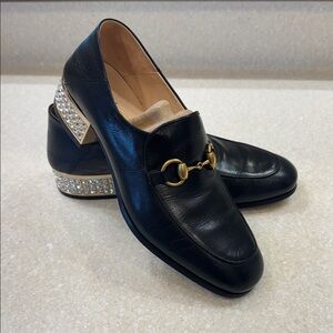 Gucci Quentin Black Leather Loafers with Gold Horsebit and Crystal Heels